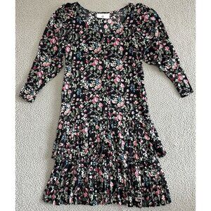 Vintage Eileen West Maxi Dress Floral Pleated‎ Midi Black Contrast 80s